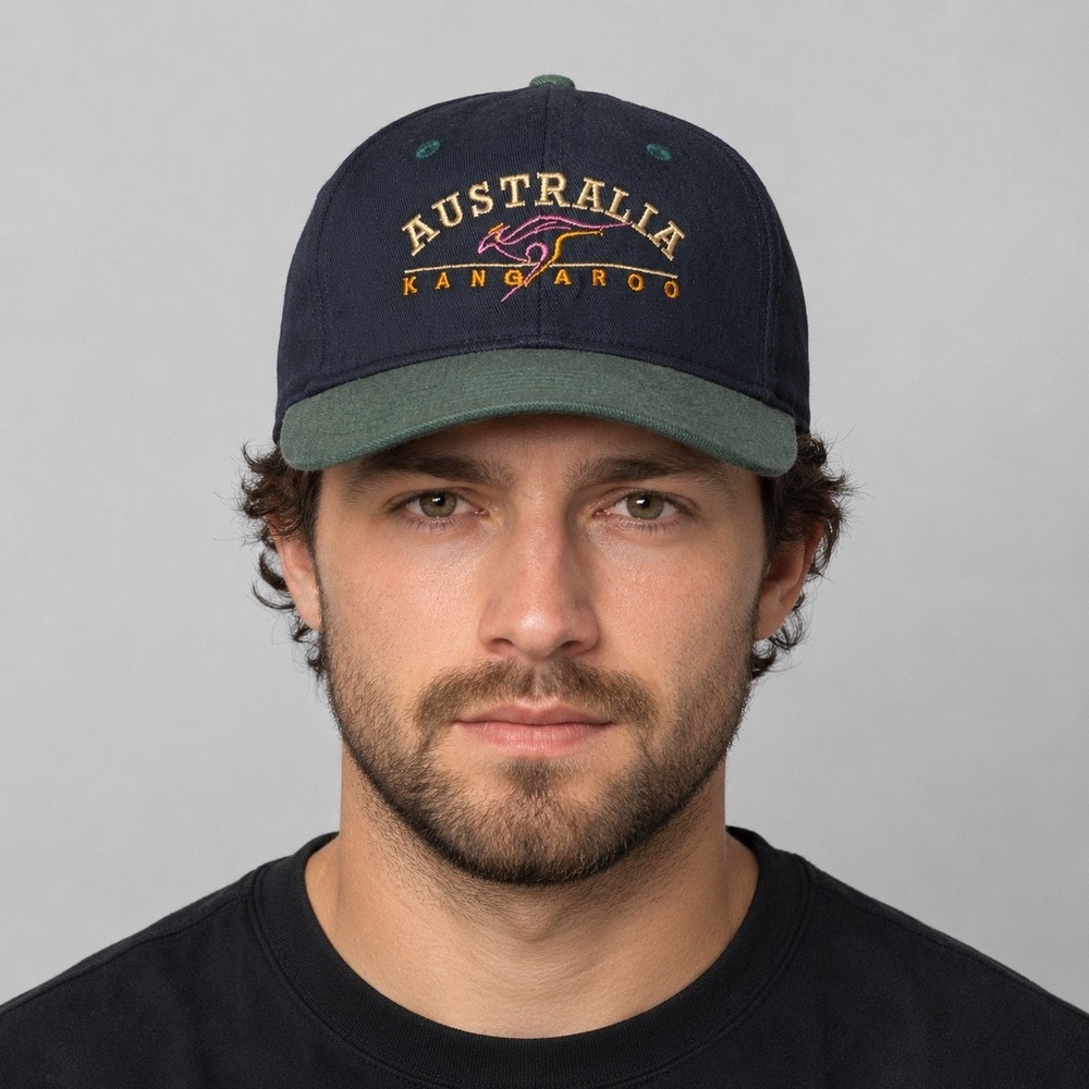 Vintage Australia Kangaroo Hat Men Navy Green Two Tone Embroidered Strapback Cap